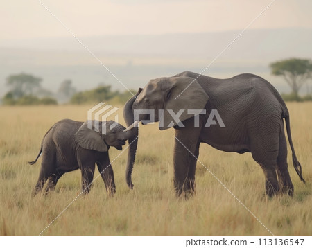 A baby elephant stays close to its protective mother in the vast African savannah, symbolizing family bonds A baby elephant stays close to its protective mother in the vast African savannah, symbolizing family bonds 113136547