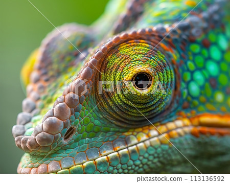An extreme close-up of a chameleon's eye, showcasing its vibrant colors and unique texture An extreme close-up of a chameleon's eye, showcasing its vibrant colors and unique texture 113136592