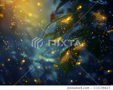 Fireflies glowing on leaves in the dark, magical ambiance 113136623
