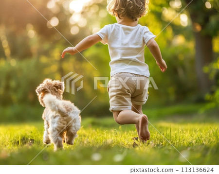 A joyful moment as a barefoot child runs through the grass, playfully chasing a small dog in a sunlit park 113136624