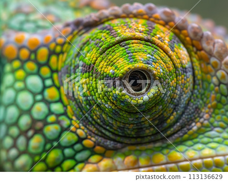 An extreme close-up of a chameleon's eye, showcasing its vibrant colors and unique texture An extreme close-up of a chameleon's eye, showcasing its vibrant colors and unique texture 113136629