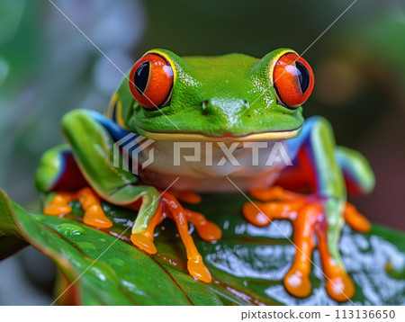 A vivid close-up of a red-eyed tree frog, showcasing its bright colors and detailed texture A vivid close-up of a red-eyed tree frog, showcasing its bright colors and detailed texture 113136650