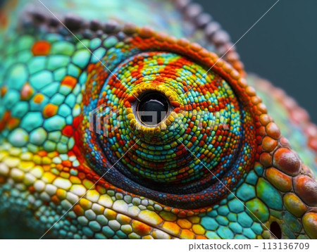 An extreme close-up of a chameleon's eye, showcasing its vibrant colors and unique texture 113136709