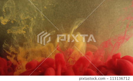 Smoke mix. Ink water flow. Yellow red vapor cloud splash fluid acryl texture on defocused gold color particles abstract art background. Smoke mix. Ink water flow. Yellow red vapor cloud splash fluid acryl texture on defocused gold color particles abstract art background. 113136712