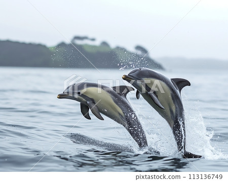 Majestic dolphins leaping out of the water in a breathtaking slow-motion capture, showcasing their playful nature and freedom Majestic dolphins leaping out of the water in a breathtaking slow-motion capture, showcasing their playful nature and freedom 113136749