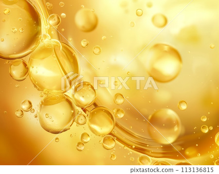Captivating golden serum bubbles floating against a shimmering background, symbolizing potency and purity 113136815