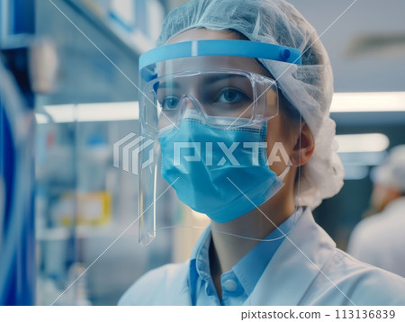 A laboratory employee wearing a mask and face shield while working in a lab A laboratory employee wearing a mask and face shield while working in a lab 113136839