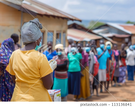 A healthcare worker prepares to vaccinate residents in a rural setting, highlighting community health efforts A healthcare worker prepares to vaccinate residents in a rural setting, highlighting community health efforts 113136841