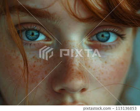 Close-up of a woman's face focusing on her striking blue eyes and the details of her natural beauty Close-up of a woman's face focusing on her striking blue eyes and the details of her natural beauty 113136853