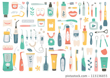 Dental care collection, toothpaste, toothbrushes icons, vector illustrations of oral hygiene products, mouthwash, irrigator, floss doodles, healthy and clean teeth set, teeth whitening kit Dental care collection, toothpaste, toothbrushes icons, vector illustrations of oral hygiene products, mouthwash, irrigator, floss doodles, healthy and clean teeth set, teeth whitening kit 113136855
