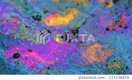 Wet dye background. Pigment fluid. Colorful swirls. Blue purple yellow black shimmering particles paint blend captivating abstract waves spreading. 113136859