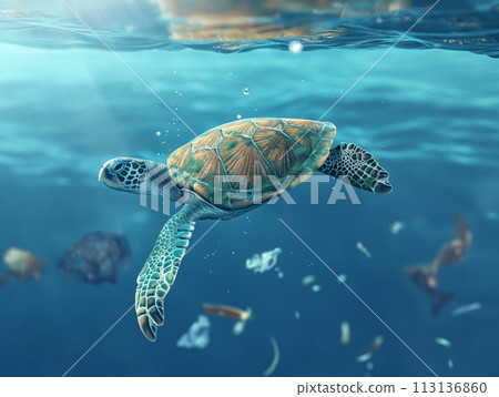 A sea turtle navigates through water cluttered with plastic waste, highlighting environmental concerns 113136860