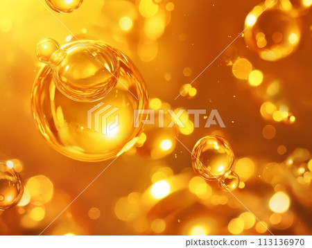Captivating golden serum bubbles floating against a shimmering background, symbolizing potency and purity Captivating golden serum bubbles floating against a shimmering background, symbolizing potency and purity 113136970
