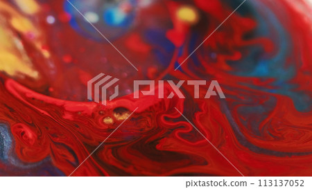 Ink mix. Oil fluid blob. Blur red gold blue color sparkling glitter acrylic paint bubbles floating blend abstract art background. Ink mix. Oil fluid blob. Blur red gold blue color sparkling glitter acrylic paint bubbles floating blend abstract art background. 113137052