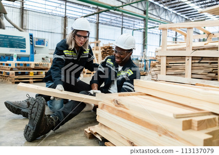 Factory Industrial accidents concept. Engineer accidents in wood processing industry. 113137079