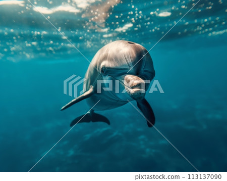 A dolphin gracefully swimming in the clear blue waters 113137090