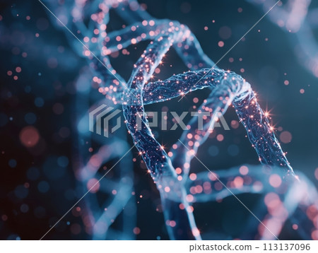 Glowing digital representation of a DNA molecule, symbolizing bioinformatics and genetic research 113137096