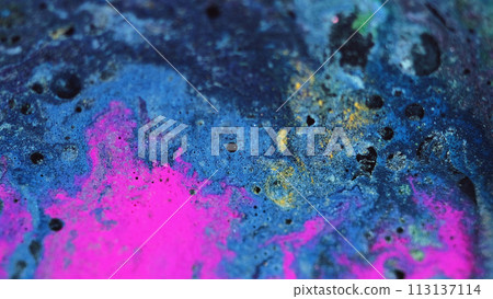 Shimmering liquid background. Sparkling fluid. Acrylic paint motion. Blue purple orange blend stream of wet pigment with black blots in trendy vibrant abstract art. Shimmering liquid background. Sparkling fluid. Acrylic paint motion. Blue purple orange blend stream of wet pigment with black blots in trendy vibrant abstract art. 113137114