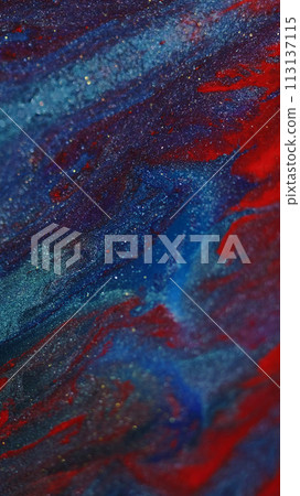 Glitter paint drip. Ink spill. Defocused red blue color shimmering texture acrylic fluid drop flow motion abstract art background. 113137115
