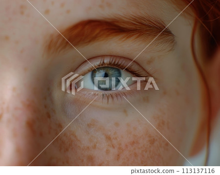 Close-up of a woman's face focusing on her striking blue eyes and the details of her natural beauty Close-up of a woman's face focusing on her striking blue eyes and the details of her natural beauty 113137116