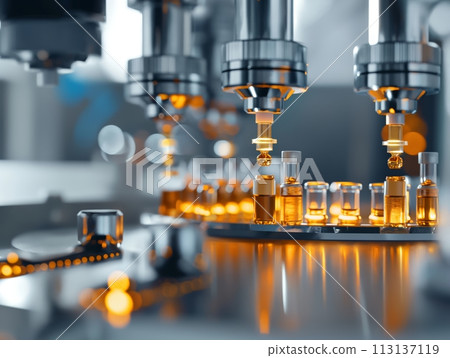 A high-tech medical ampoule production line in action, showcasing the precision and cleanliness of modern pharmaceutical manufacturing A high-tech medical ampoule production line in action, showcasing the precision and cleanliness of modern pharmaceutical manufacturing 113137119
