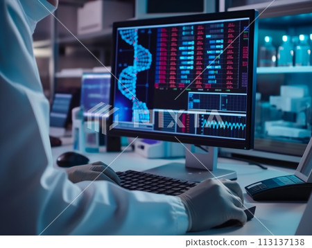 A medical scientist types, analyzing complex genetic data across multiple computer screens A medical scientist types, analyzing complex genetic data across multiple computer screens 113137138