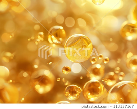 Captivating golden serum bubbles floating against a shimmering background, symbolizing potency and purity 113137167