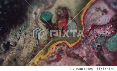 Paint spill. Glitter ink mix. Defocused red blue golden black color sparkling marble texture fluid blend wave motion decorative abstract background. 113137170