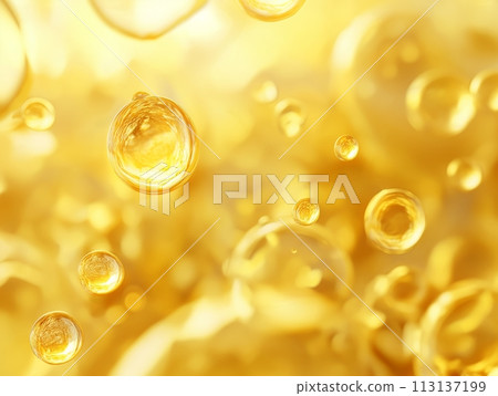 Captivating golden serum bubbles floating against a shimmering background, symbolizing potency and purity 113137199