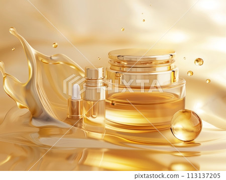 A luxurious display of skincare oils and products, emphasized by a golden splash that highlights the essence of beauty and care 113137205