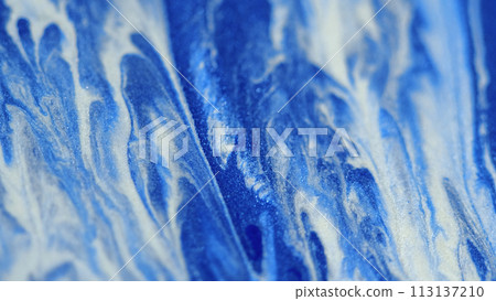 Glitter fluid spill. Paint mix. Defocused blue white color sparkling texture liquid ink flow cascade marble abstract art background. Glitter fluid spill. Paint mix. Defocused blue white color sparkling texture liquid ink flow cascade marble abstract art background. 113137210