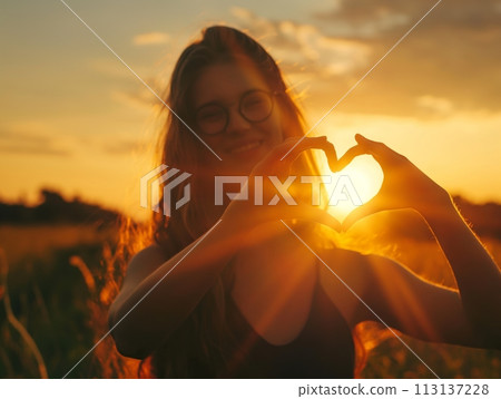 A girl making a heart shape with her hands against a beautiful sunset backdrop A girl making a heart shape with her hands against a beautiful sunset backdrop 113137228