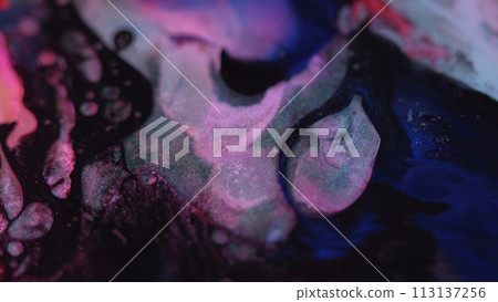 Glitter fluid. Oil bubble. Paint mix. Defocused neon purple pink blue black color glow shimmering texture ink blob flow motion dark abstract background. Glitter fluid. Oil bubble. Paint mix. Defocused neon purple pink blue black color glow shimmering texture ink blob flow motion dark abstract background. 113137256