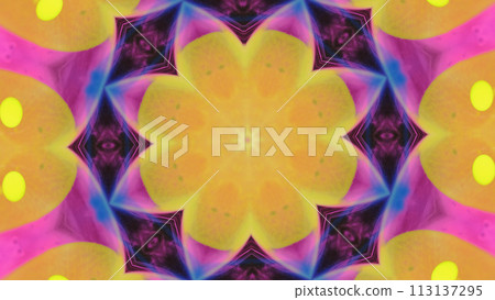 Neon mandala. Ink kaleidoscope. Defocused bright yellow pink purple blue color glowing lotus floral ornament motion abstract art background. Neon mandala. Ink kaleidoscope. Defocused bright yellow pink purple blue color glowing lotus floral ornament motion abstract art background. 113137295