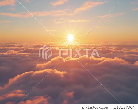 A breathtaking time-lapse of the sun rising above a sea of clouds, casting a warm glow across the sky A breathtaking time-lapse of the sun rising above a sea of clouds, casting a warm glow across the sky 113137304