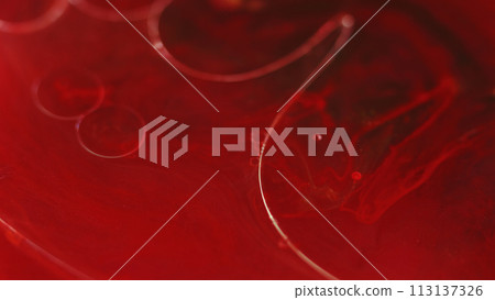 Oil fluid droplets. Color mist. Defocused red transparent glitter smoke texture ink water bubble floating abstract art background. Oil fluid droplets. Color mist. Defocused red transparent glitter smoke texture ink water bubble floating abstract art background. 113137326