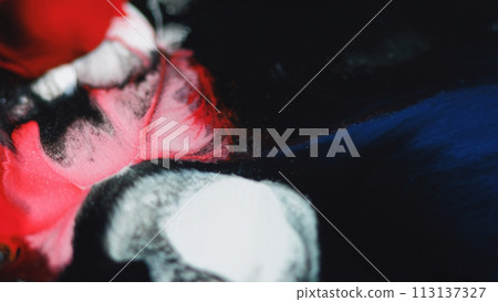Paint splash. Ink drop. Defocused red blue white black color fluid splatter mix wave motion particles texture dark abstract background. 113137327