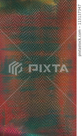 Leather effect. Scale pattern. Red green color snake ornament art layer creative line stripe material fabric vintage grunge abstract background. Leather effect. Scale pattern. Red green color snake ornament art layer creative line stripe material fabric vintage grunge abstract background. 113137347