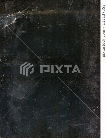 Broken texture. Distressed overlay. Old film noise. White dust scratches dirt stains weathered fractured glass effect on dark black grunge illustration abstract background. Broken texture. Distressed overlay. Old film noise. White dust scratches dirt stains weathered fractured glass effect on dark black grunge illustration abstract background. 113137355