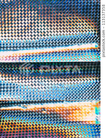 Glitch art. Distortion texture. Blue orange color gradient digital noise artifacts mosaic pattern holographic illustration abstract background. Glitch art. Distortion texture. Blue orange color gradient digital noise artifacts mosaic pattern holographic illustration abstract background. 113137358