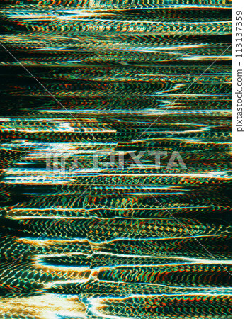 Glitch texture. Screen distortion. Green orange black color analog noise vibration waves lines pattern dark art illustration abstract background. Glitch texture. Screen distortion. Green orange black color analog noise vibration waves lines pattern dark art illustration abstract background. 113137359