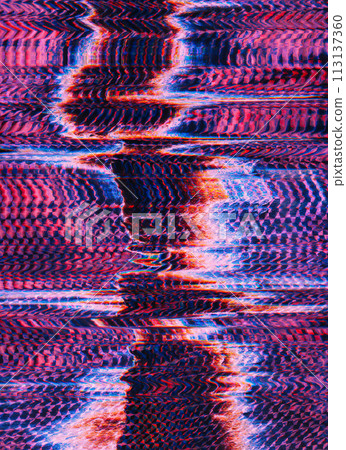 Glitch texture. Screen distortion. Pink blue orange black color analog noise vibration wave lines pattern art illustration abstract background. Glitch texture. Screen distortion. Pink blue orange black color analog noise vibration wave lines pattern art illustration abstract background. 113137360