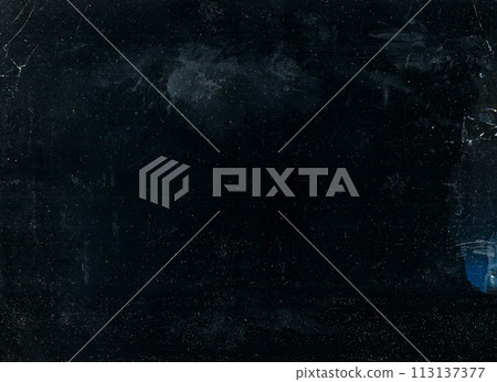 Gritty texture. Cracked overlay. Old film noise. White dust scratches dirt stains grain particles distressed broken effect on dark black blue illustration abstract background. Gritty texture. Cracked overlay. Old film noise. White dust scratches dirt stains grain particles distressed broken effect on dark black blue illustration abstract background. 113137377