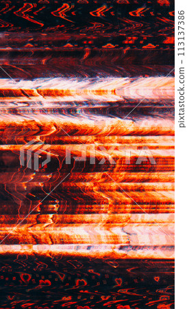 Glitch texture. Screen distortion. Red orange black color glowing analog noise artifacts lines pattern dark art illustration abstract background. 113137386