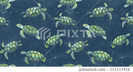 Watercolor seamless pattern with swimming turtles isolated on dark blue background. Watercolor seamless pattern with swimming turtles isolated on dark blue background. 113137458