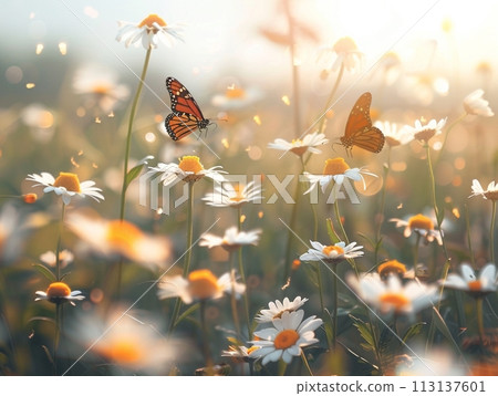 Vibrant Floral Garden in Summer: A Bright, Colorful Array of Flowers, Leaves, and Trees, Bringing Beauty to Nature's Canvas 113137601