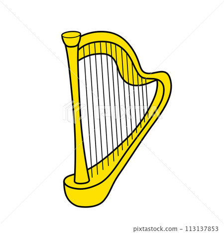 Simple and cute harp illustration, white background, vector, with main lines, clip art 113137853