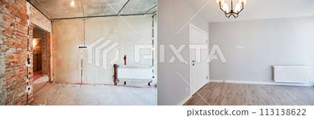 Photo collage of apartment room before and after restoration or refurbishment. Old room with doorway and new renovated living room with parquet floor and elegant interior design. 113138622