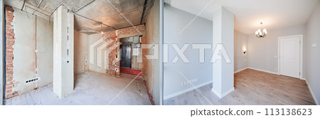 Comparison of apartment room before and after refurbishment. Old room before restoration and new renovated room with elegant interior design. 113138623