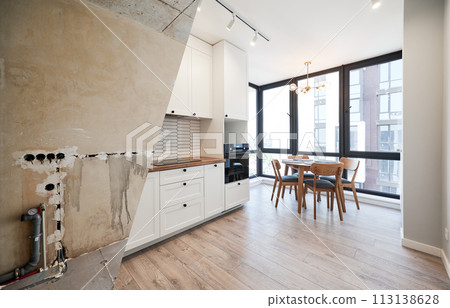 Comparison of old room before restoration and new renovated kitchen with large panoramic window, parquet floor and kitchen furniture. Photo collage of modern apartment before and after renovation. 113138628